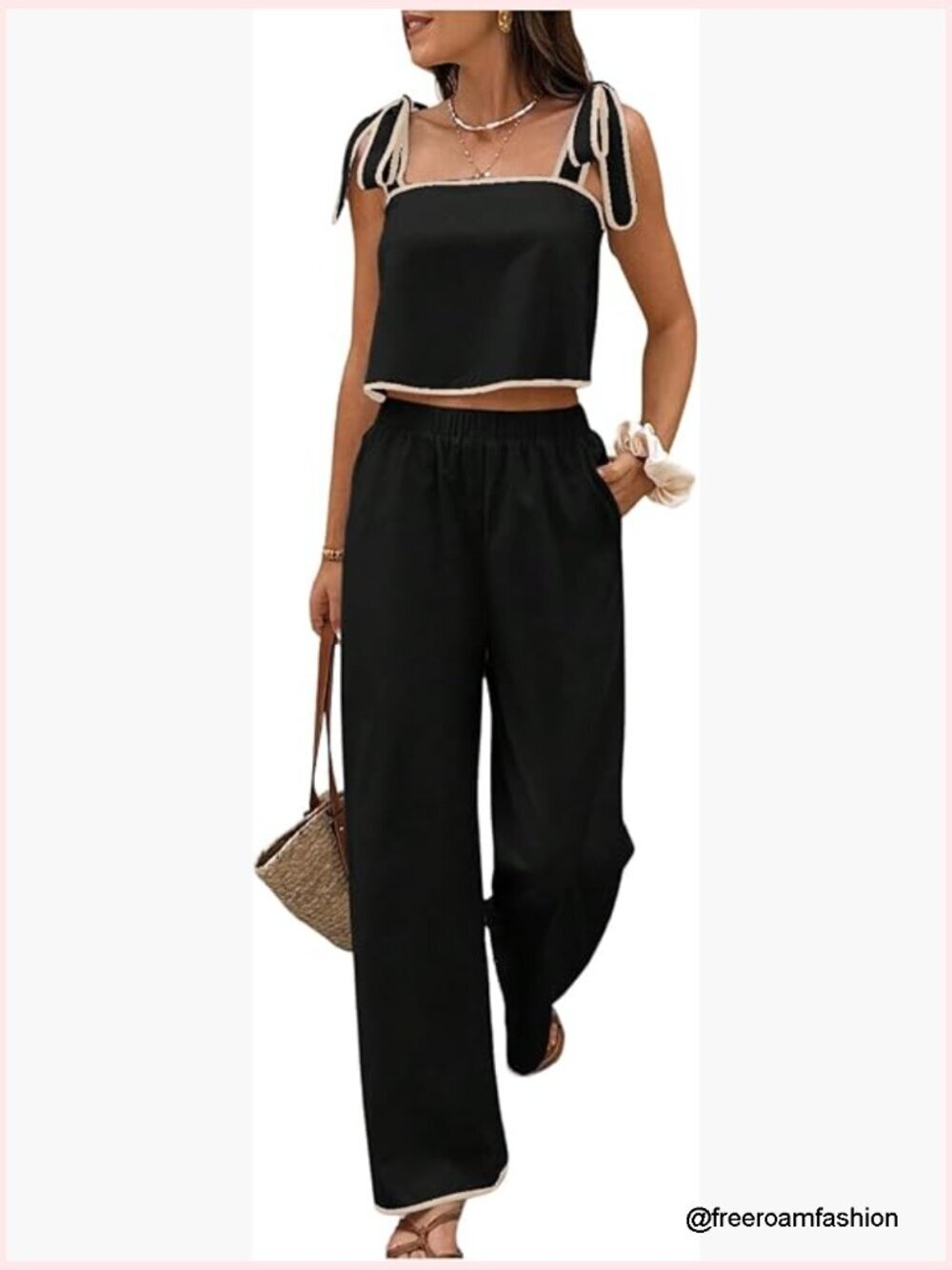 2 Piece Vacation Set Tie Shoulder Crop Top and Pant Outfit